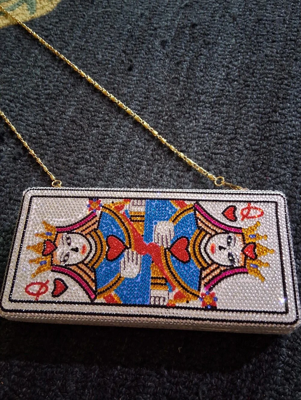 Embellished Playing Card Queen Crystal Clutch - Silver